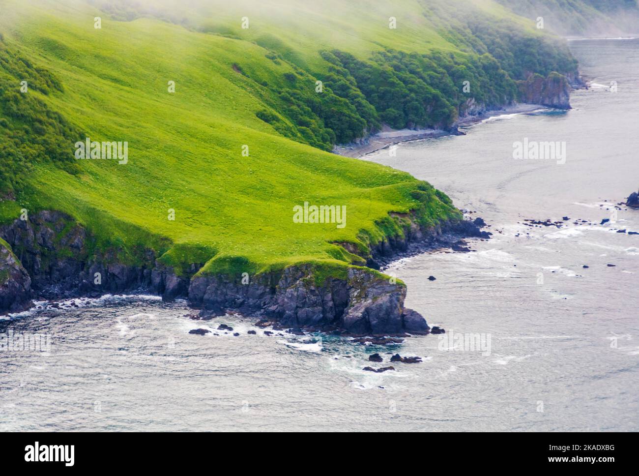 Aerial view of remote Kodiak Island; de Havilland; Beaver; float plane