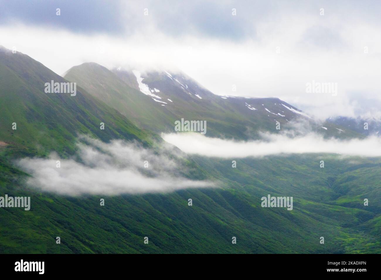 Misty; foggy; aerial view of remote Kodiak Island; de Havilland; Beaver; float plane; Alaska; USA Stock Photo