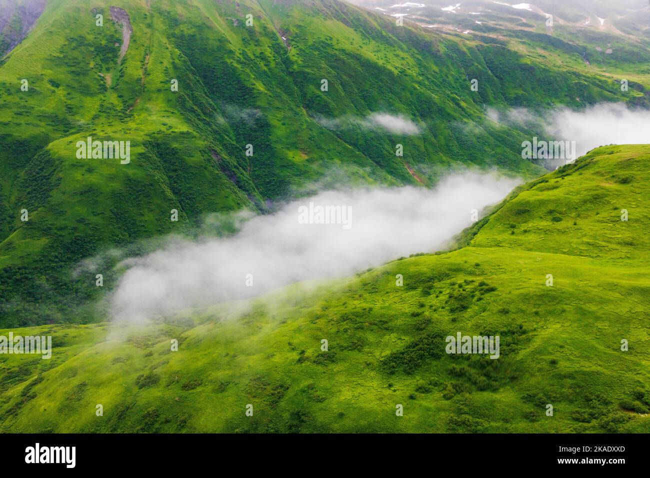 Misty; foggy; aerial view of remote Kodiak Island; de Havilland; Beaver; float plane; Alaska; USA Stock Photo