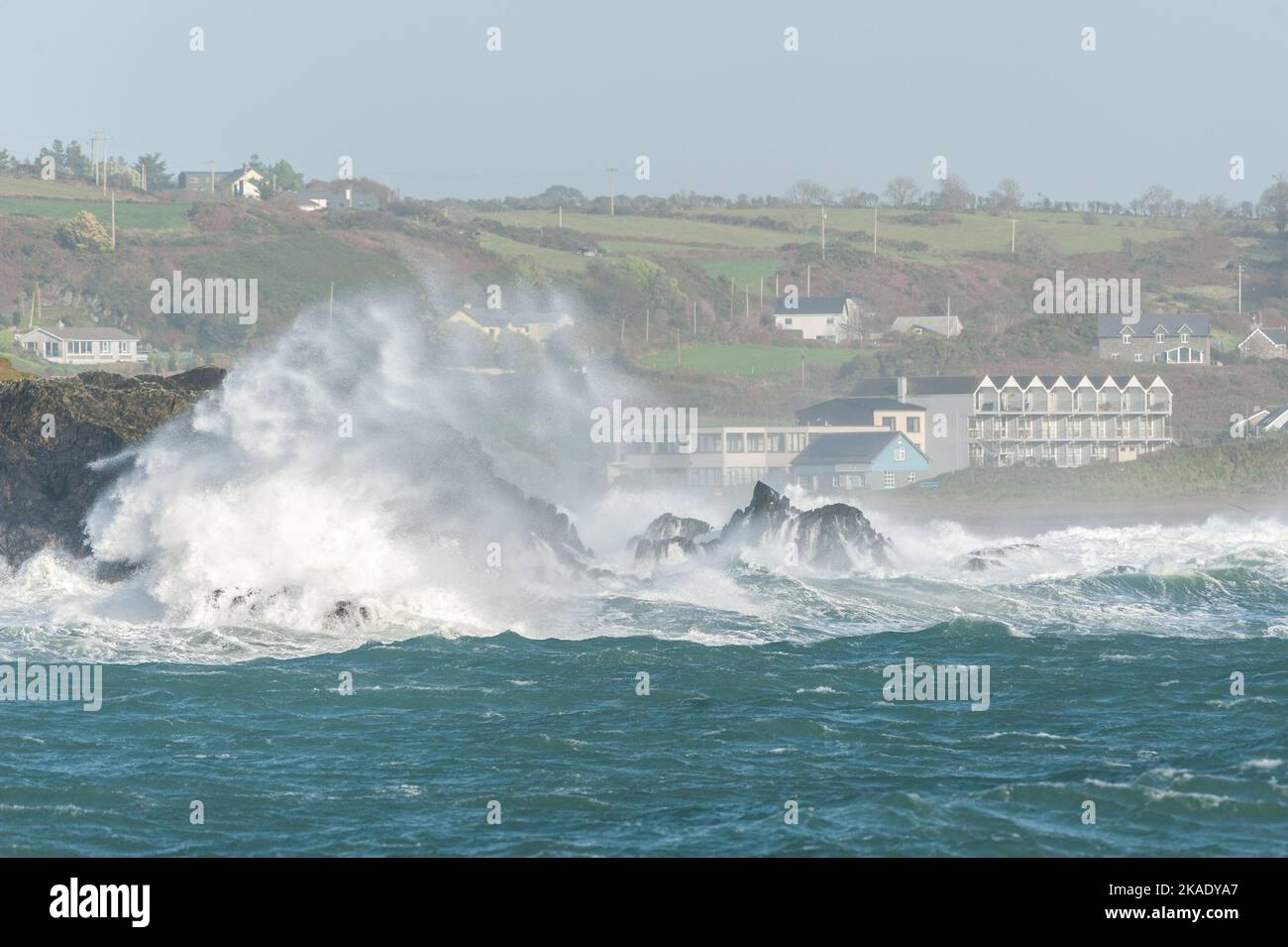 Rosscarbery, West Cork, Ireland. 2nd Nov, 2022. Massive waves hit the rocks at Rosscarbery Pier today as the island of Ireland is currenty under a Met Éireann Yellow Wind and Rain Warning, which is to last until 9pm tonight. Credit: AG News/Alamy Live News Stock Photo