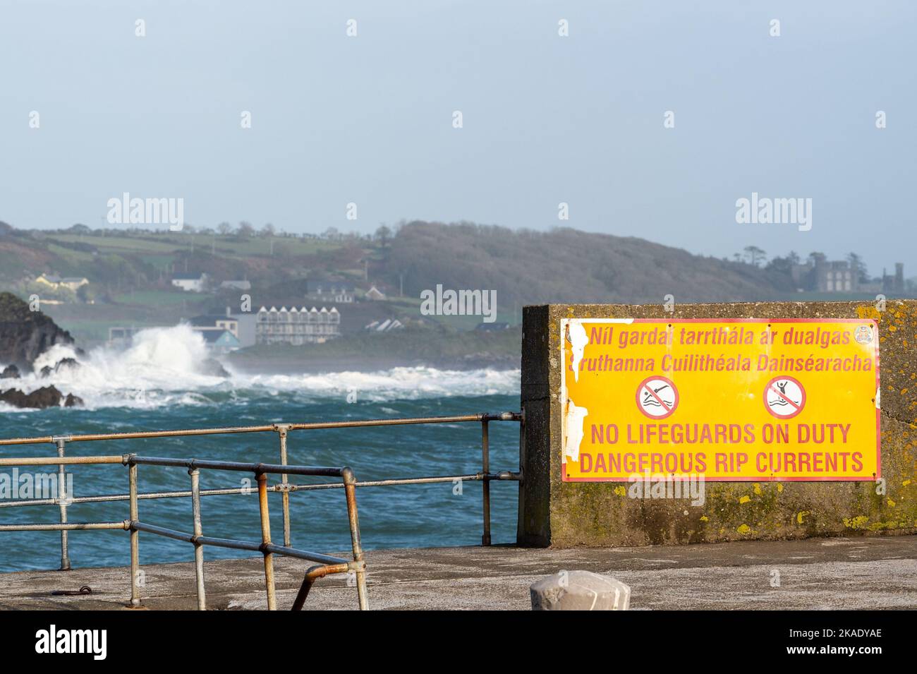 Rosscarbery, West Cork, Ireland. 2nd Nov, 2022. Massive waves hit the rocks at Rosscarbery Pier today as the island of Ireland is currenty under a Met Éireann Yellow Wind and Rain Warning, which is to last until 9pm tonight. Credit: AG News/Alamy Live News Stock Photo