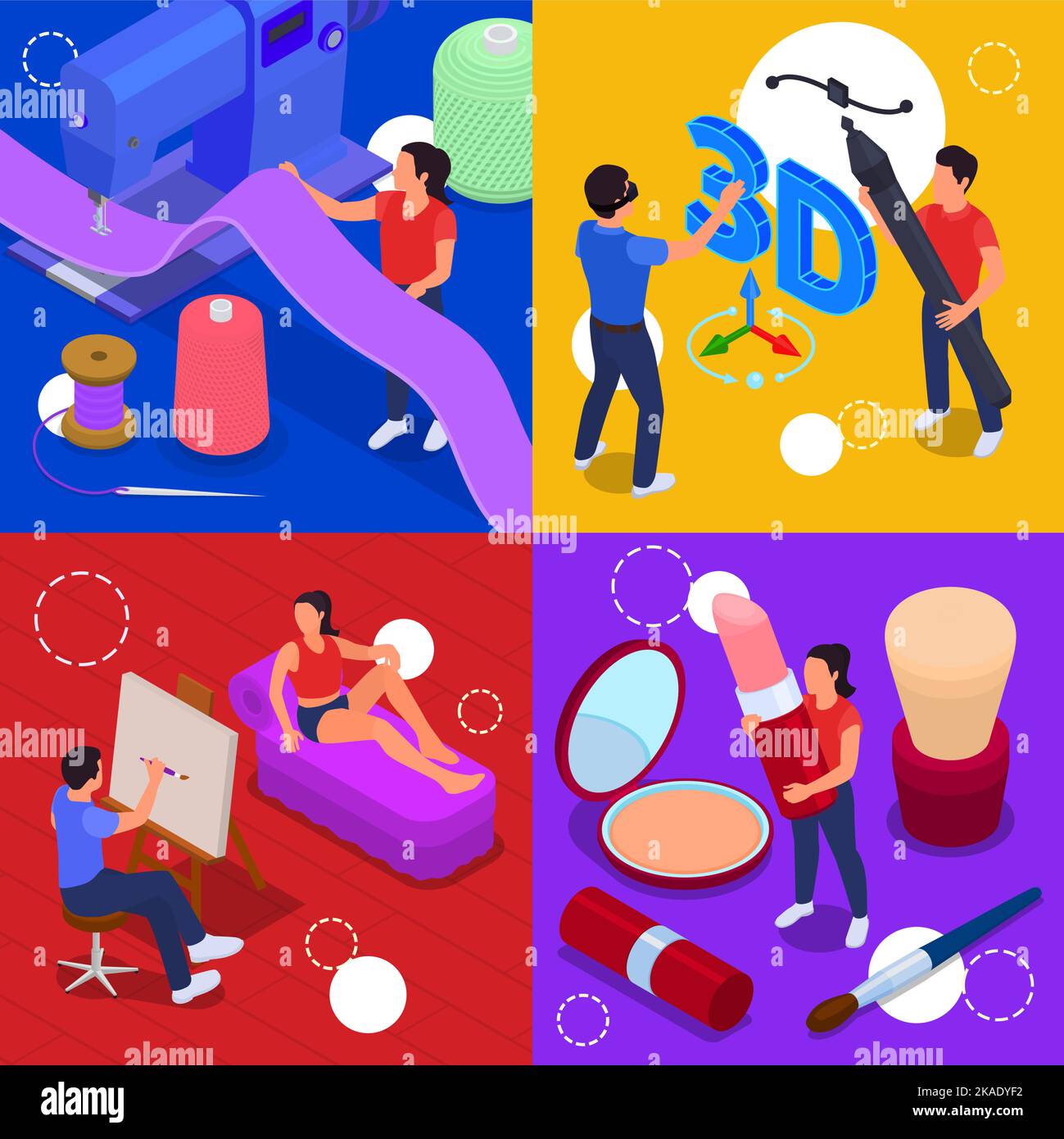 Art and creative professions isometric 2x2 set isolated vector illustration Stock Vector