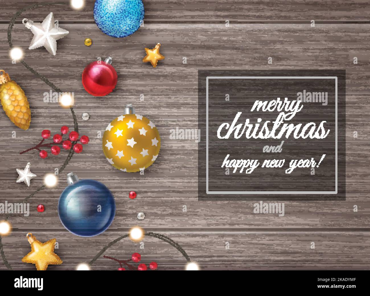 Merry christmas happy new year background with colorful balls and other ...