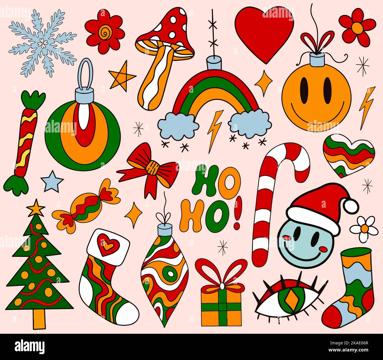 Merry Christmas groovy retro 70s set elements. Hippie holiday collection clip art hand drawing style. Christmas tree, snowflakes, gifts modern trendy Stock Vector