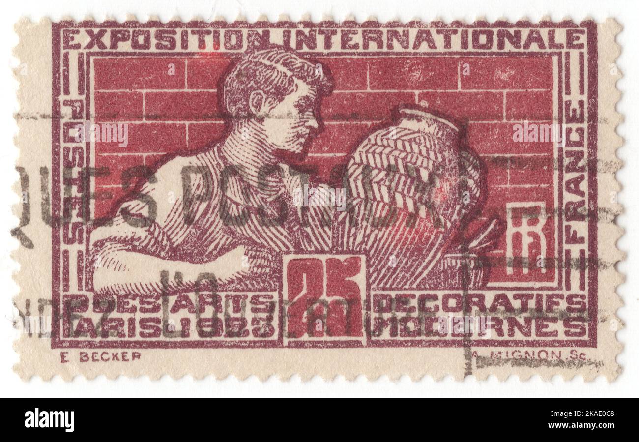 FRANCE - 1924: An 25 centimes violet brown and garnet postage stamp depicting Potter Decorating Vase. International Exhibition of Decorative Modern Arts at Paris held in France, from April to October 1925. It was designed by the French government to highlight the new style moderne of architecture, interior decoration, furniture, glass, jewelry and other decorative arts in Europe and throughout the world. The Style Moderne presented at the Exposition later became known as 'Art Deco', after the name of the Exposition Stock Photo