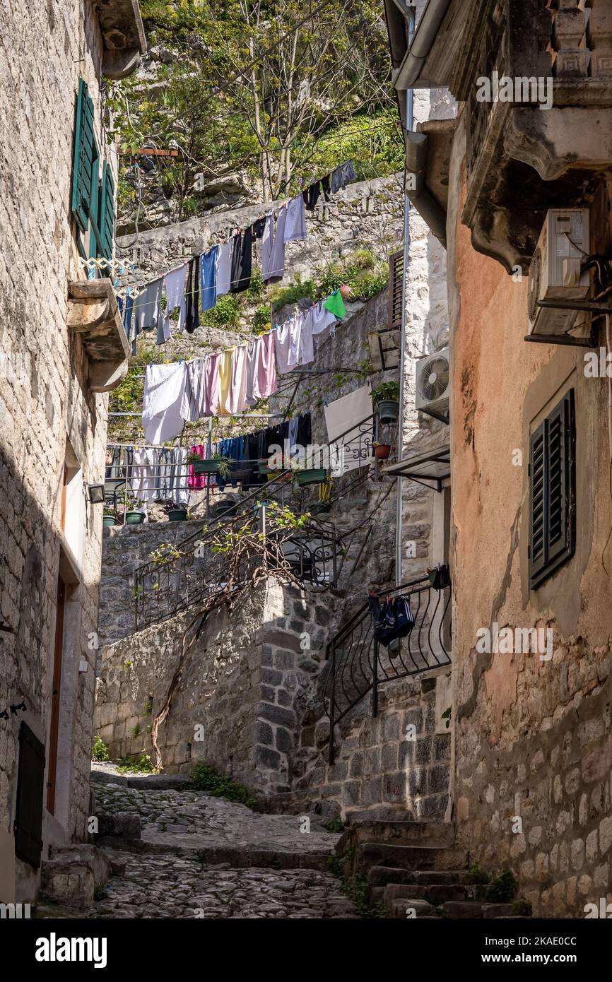 Kotor, Montenegro April 29, 2022 Colorful laundry hanging from