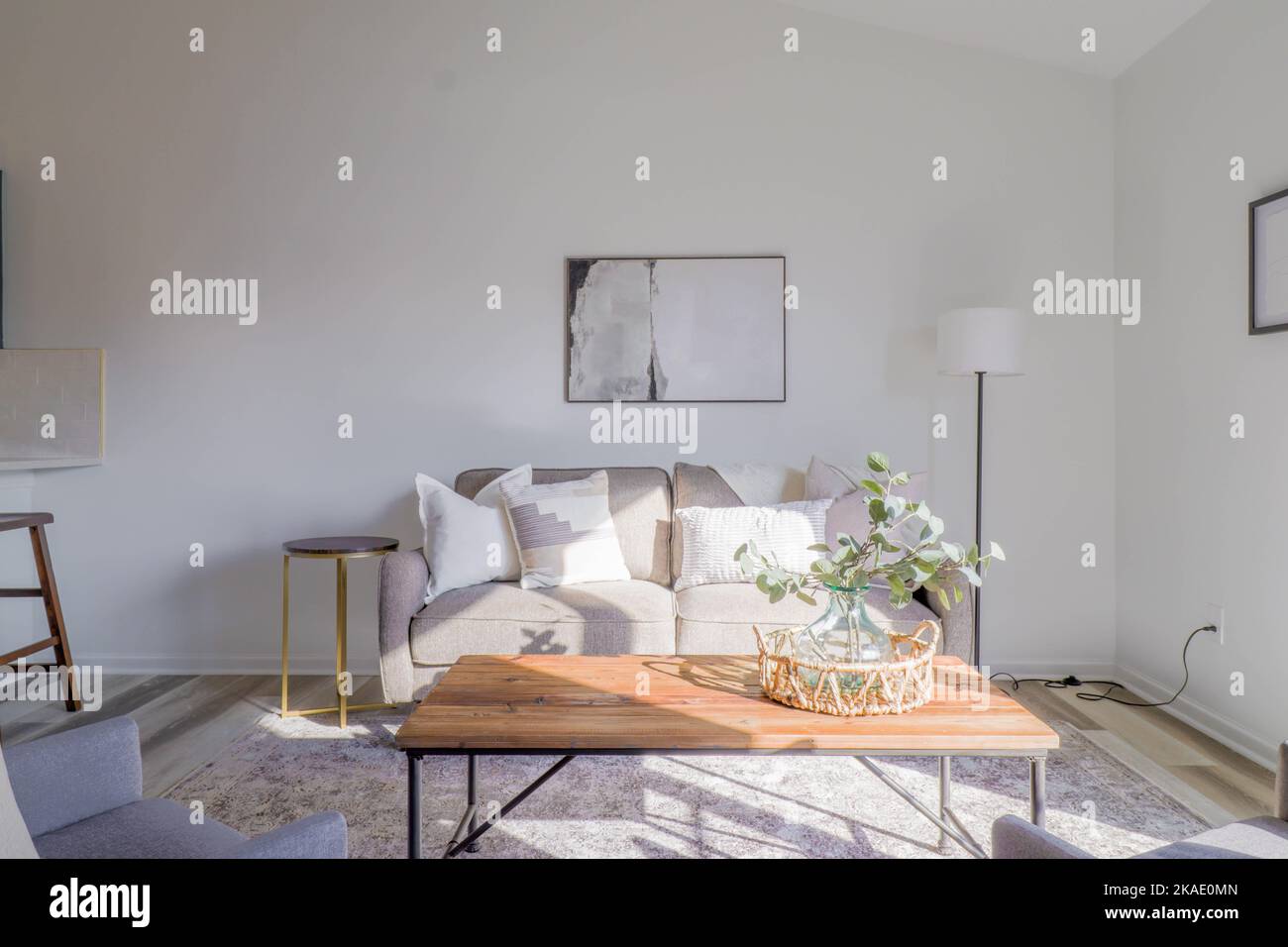 An interior of a newly renovated living room with a table, soft couch ...