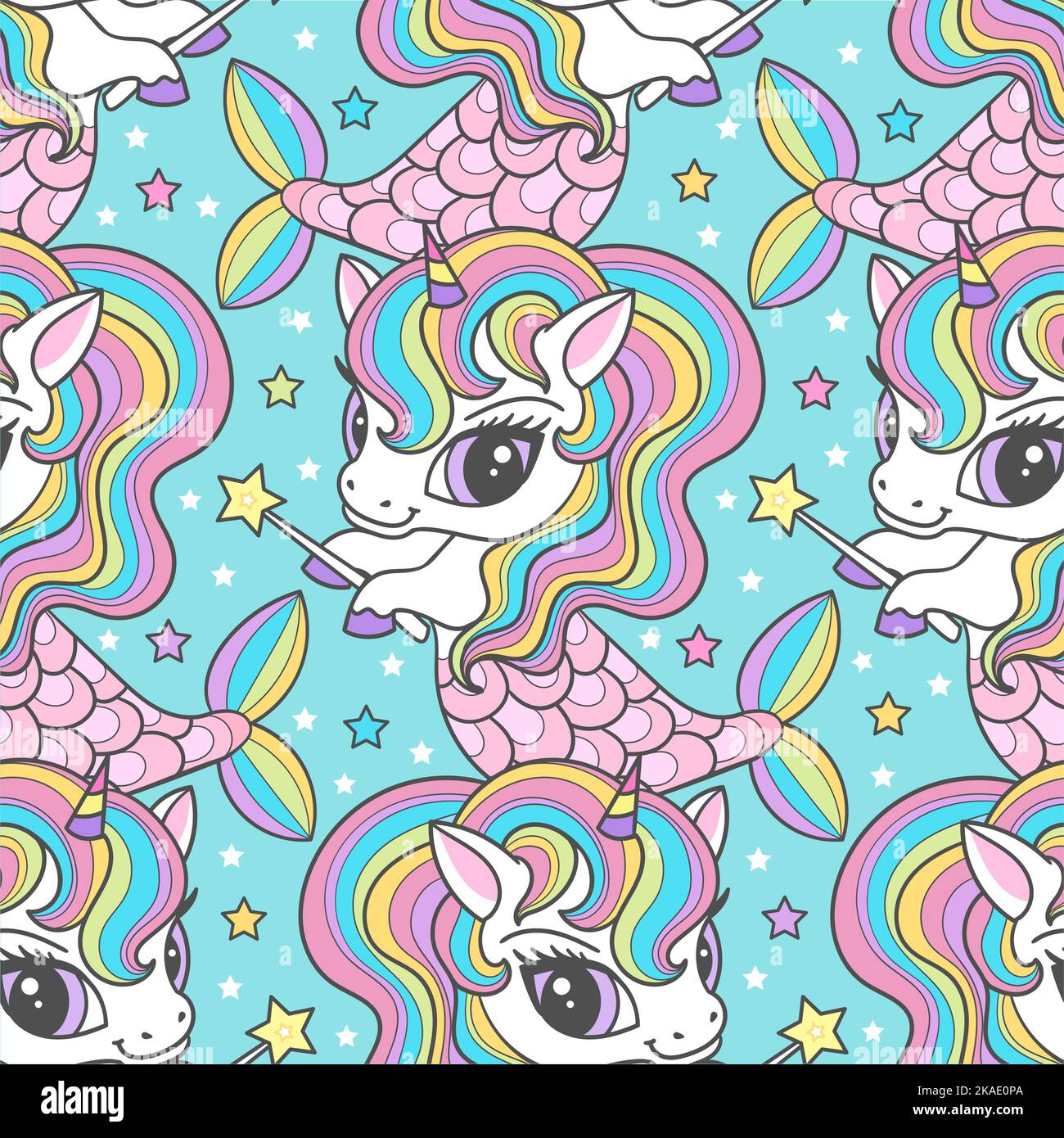 Seamless pattern with unicorns mermaids. Summer magic theme. Vector ...