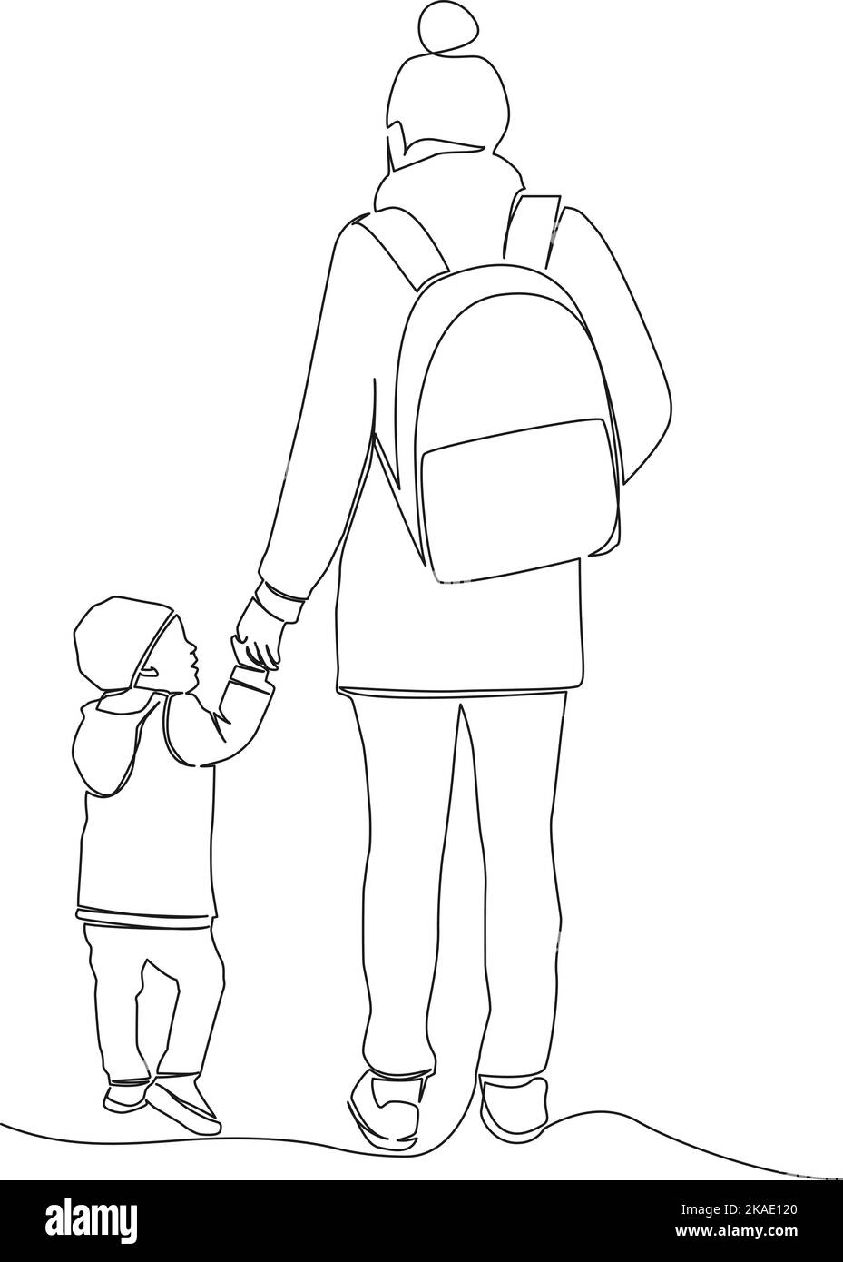 rear view single line drawing of mother and toddler walking hand in hand, continuous line art vector illustration Stock Vector