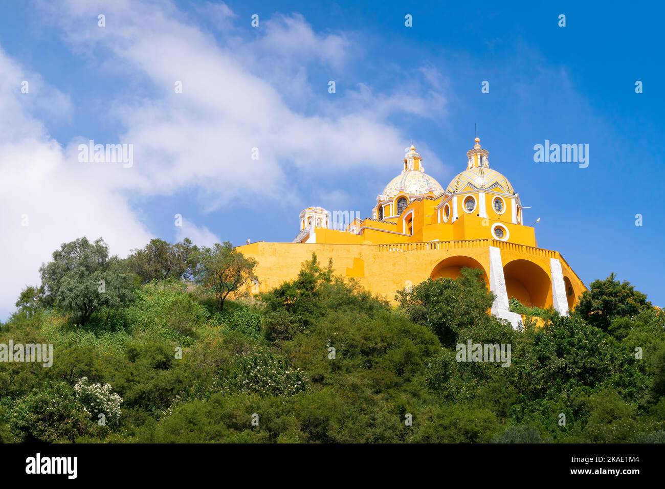 The Our Lady of Remedies Church atop the Tlachihualtepetl pyramid in the municipality of Cholula. Stock Photo