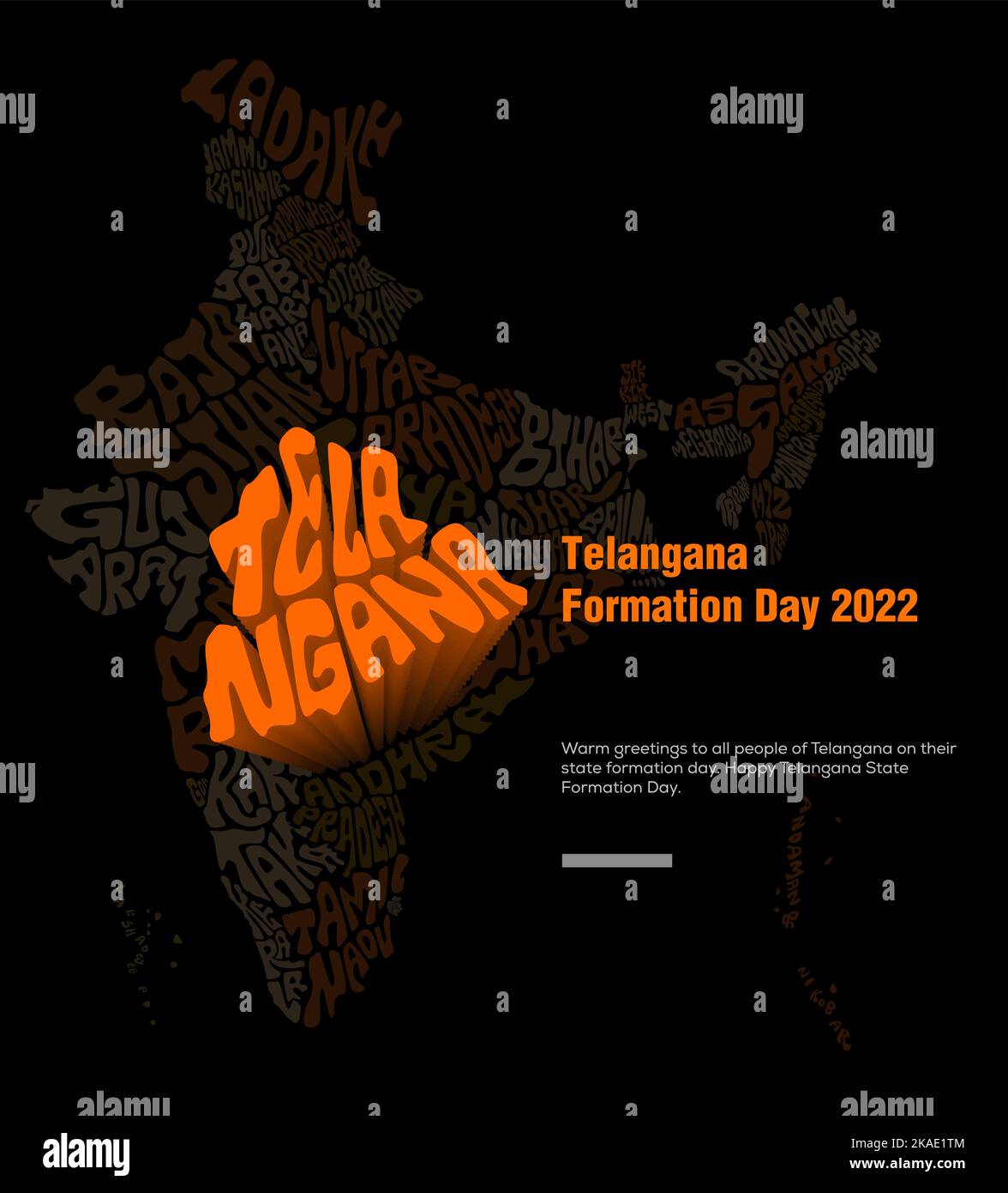 A vector design of word 'Telangana' with artistic orange style in a map of words on dark background Stock Vector