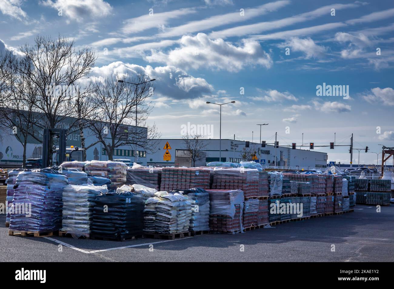 Wroclaw, Poland - February 19, 2022:  Construction materials stacked outdoors. Stock Photo