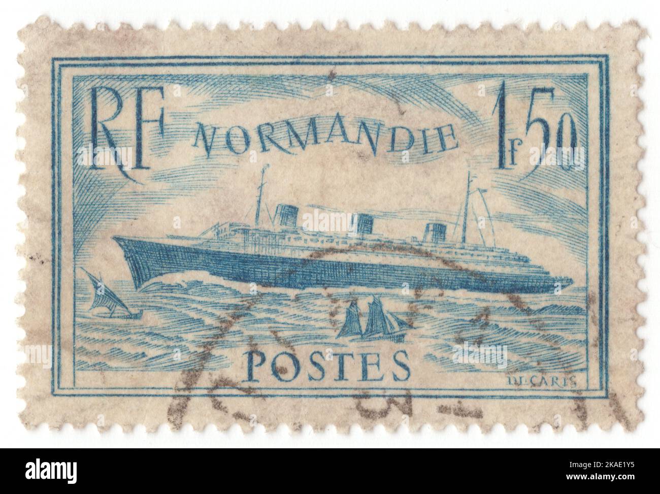 FRANCE - 1936 April: An 1,50 franc blue postage stamp depicting S. S. Normandie. Maiden voyage of the transatlantic steamship, the “Normandie” held the Blue Riband for the fastest transatlantic crossing Stock Photo