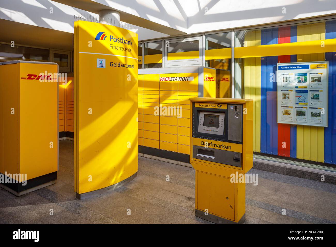 Postbank, financial center, ATM, packing station, stamps Stock Photo