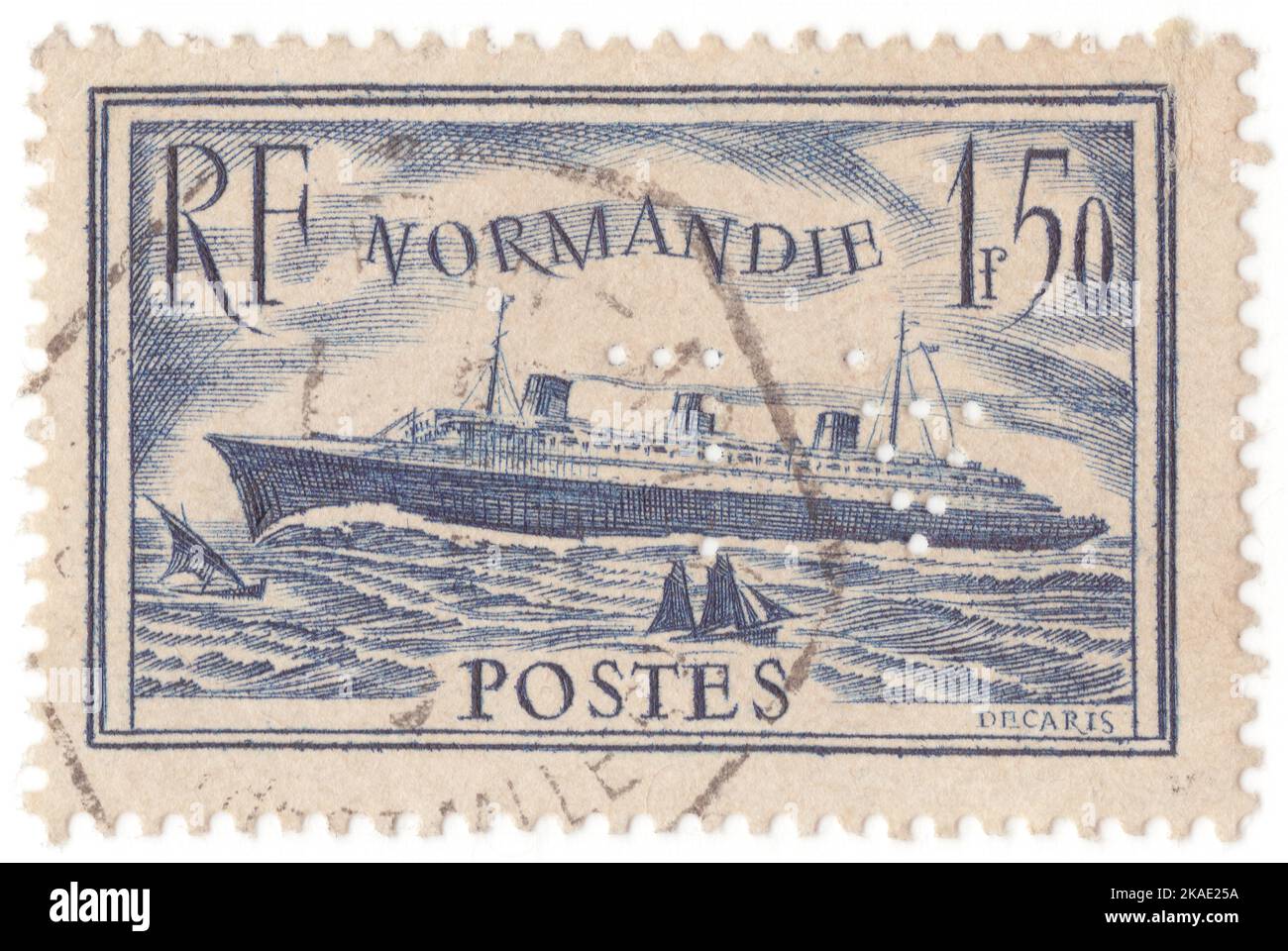 FRANCE - 1936 April: An 1,50 franc dark blue postage stamp depicting S. S. Normandie. Maiden voyage of the transatlantic steamship, the “Normandie” held the Blue Riband for the fastest transatlantic crossing Stock Photo