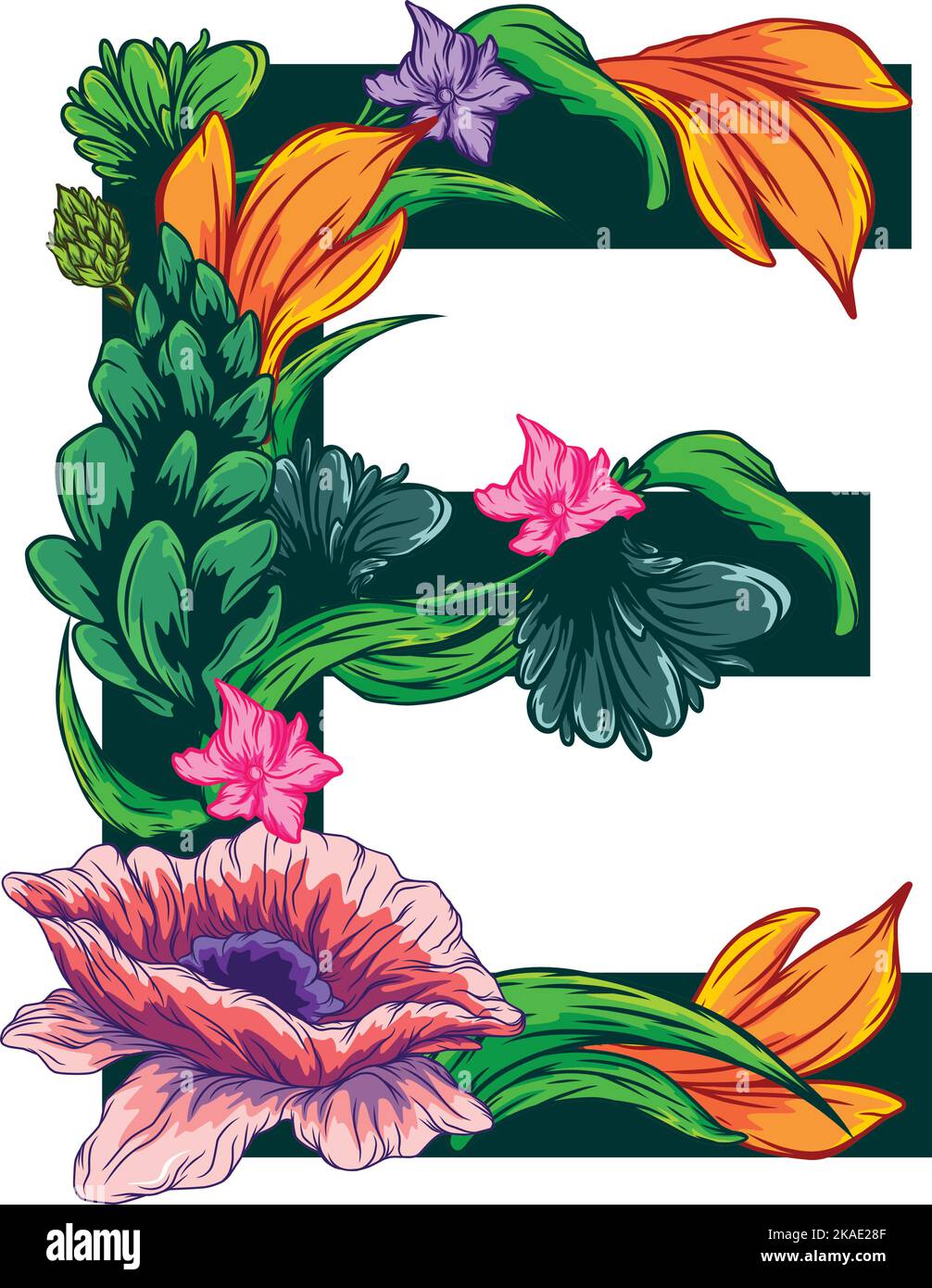 A vector of the capital e letter with green leaves and floral patterns