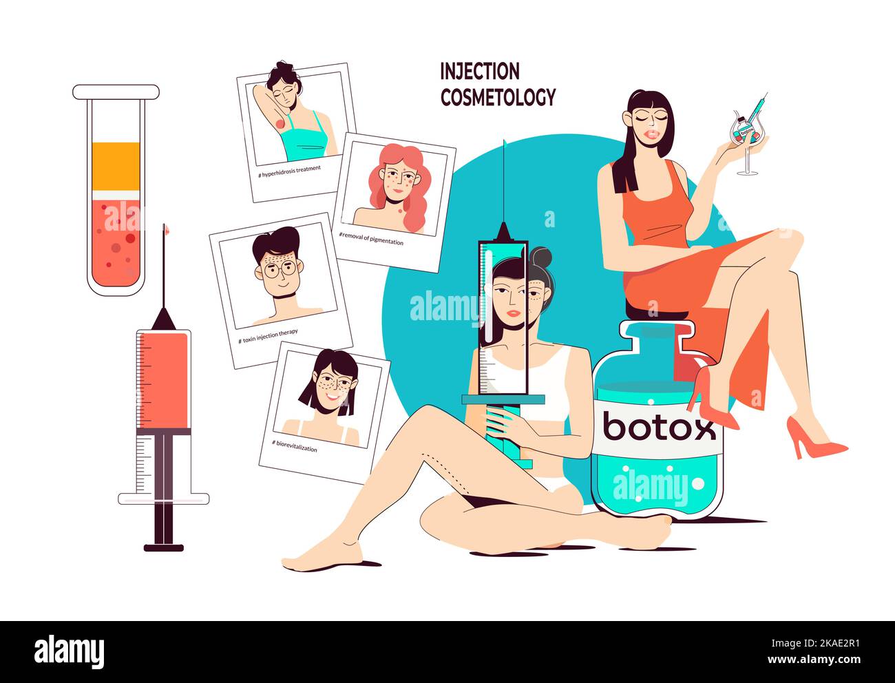 Injection cosmetology flat vector illustration with people having skin problems or improving face with beauty injections Stock Vector