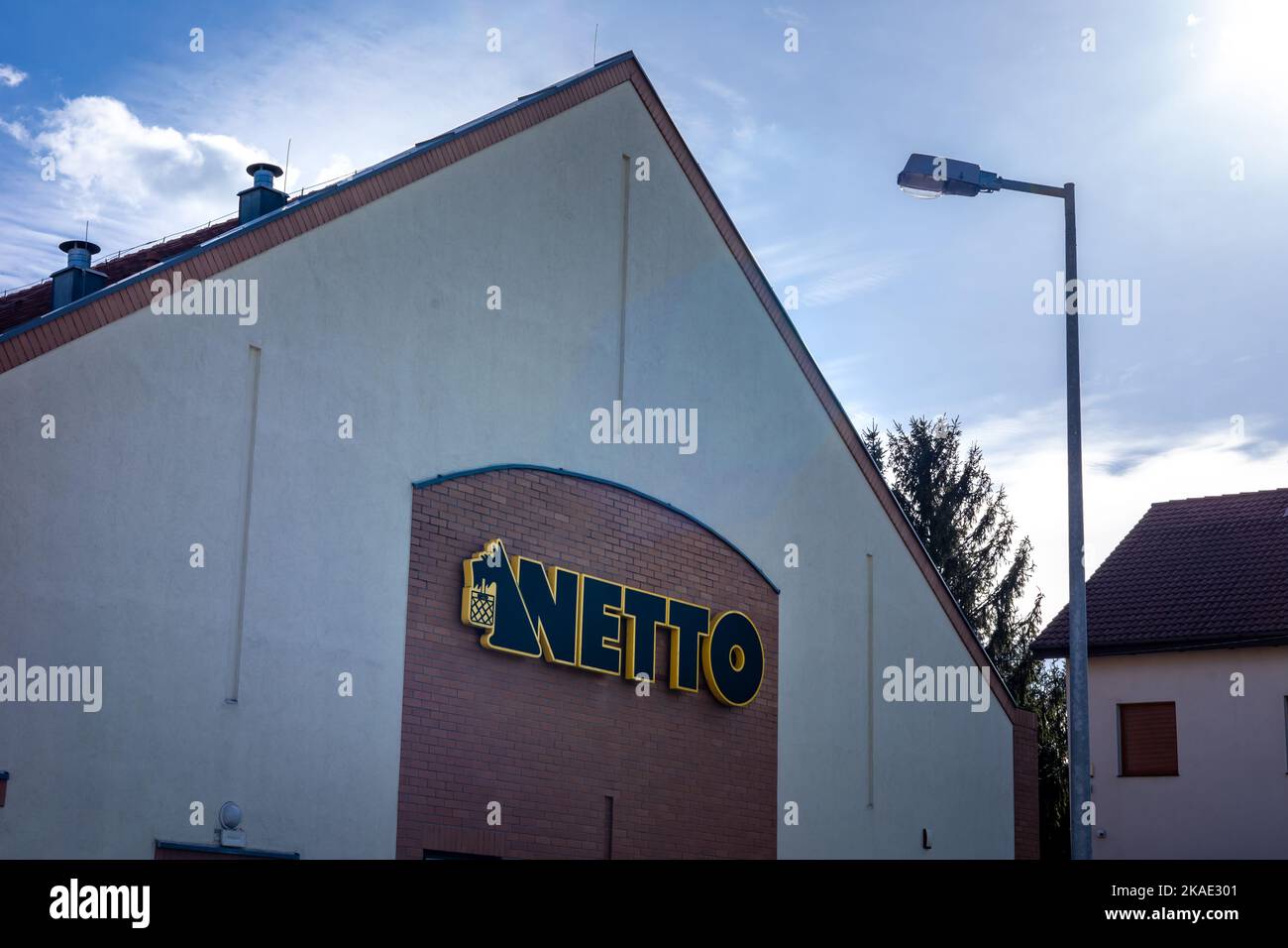 Wroclaw, Poland - February 19, 2022:  Netto food store facade with a black and yellow logo. Stock Photo