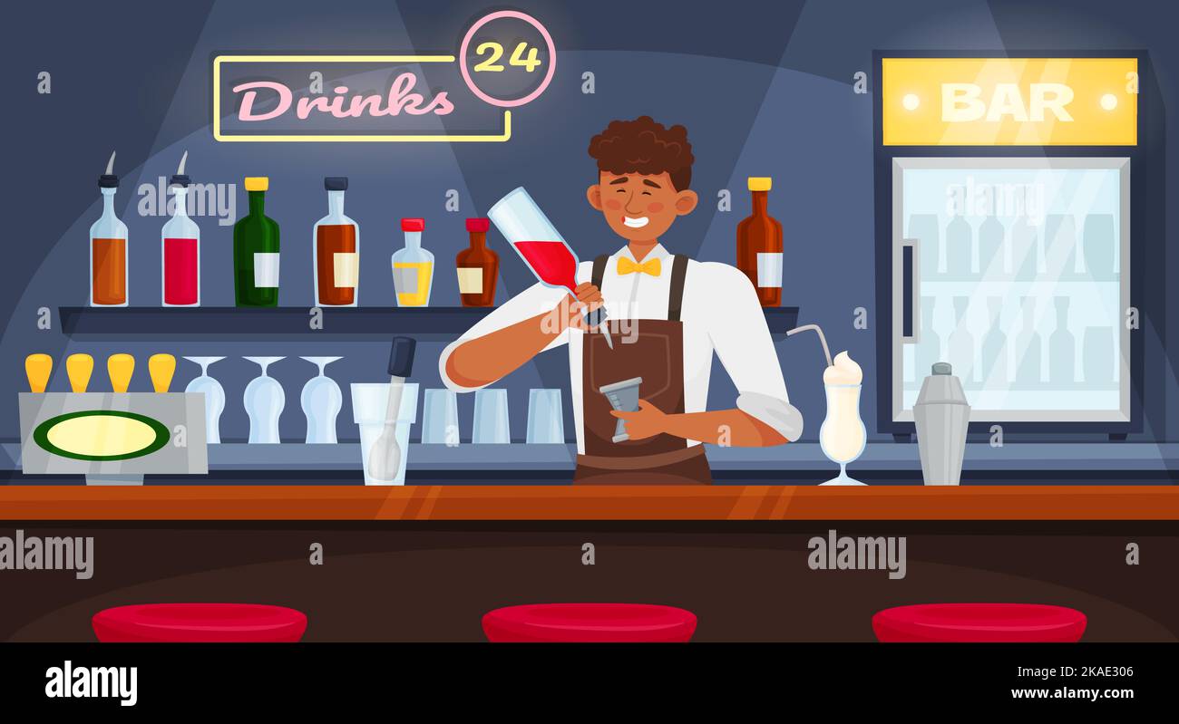 Barman bartender equipment flat composition with front view of bar