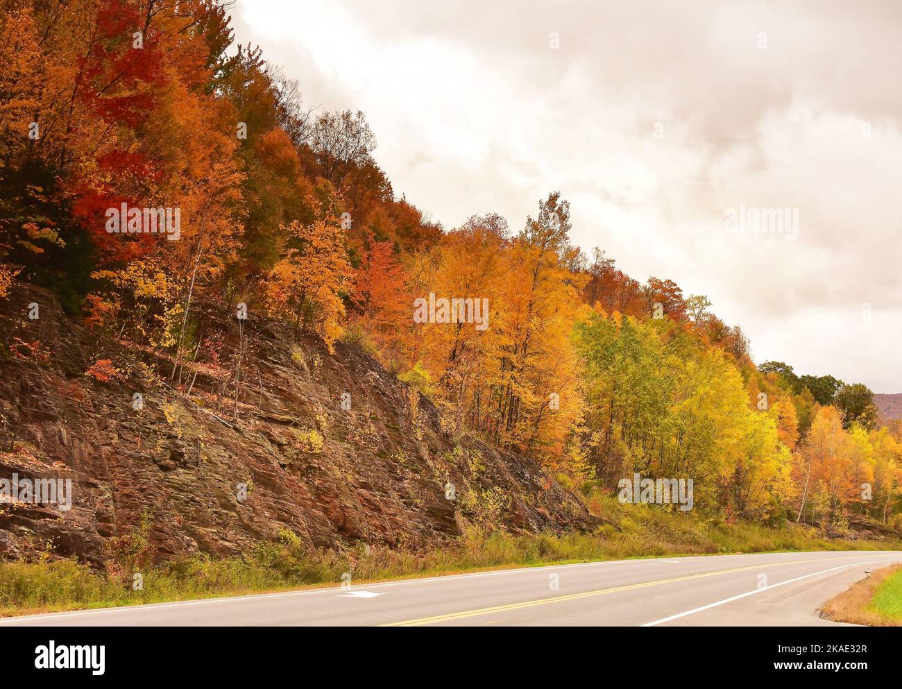 Fall Colours by the Highway, New Hampshire, USA Stock Photo