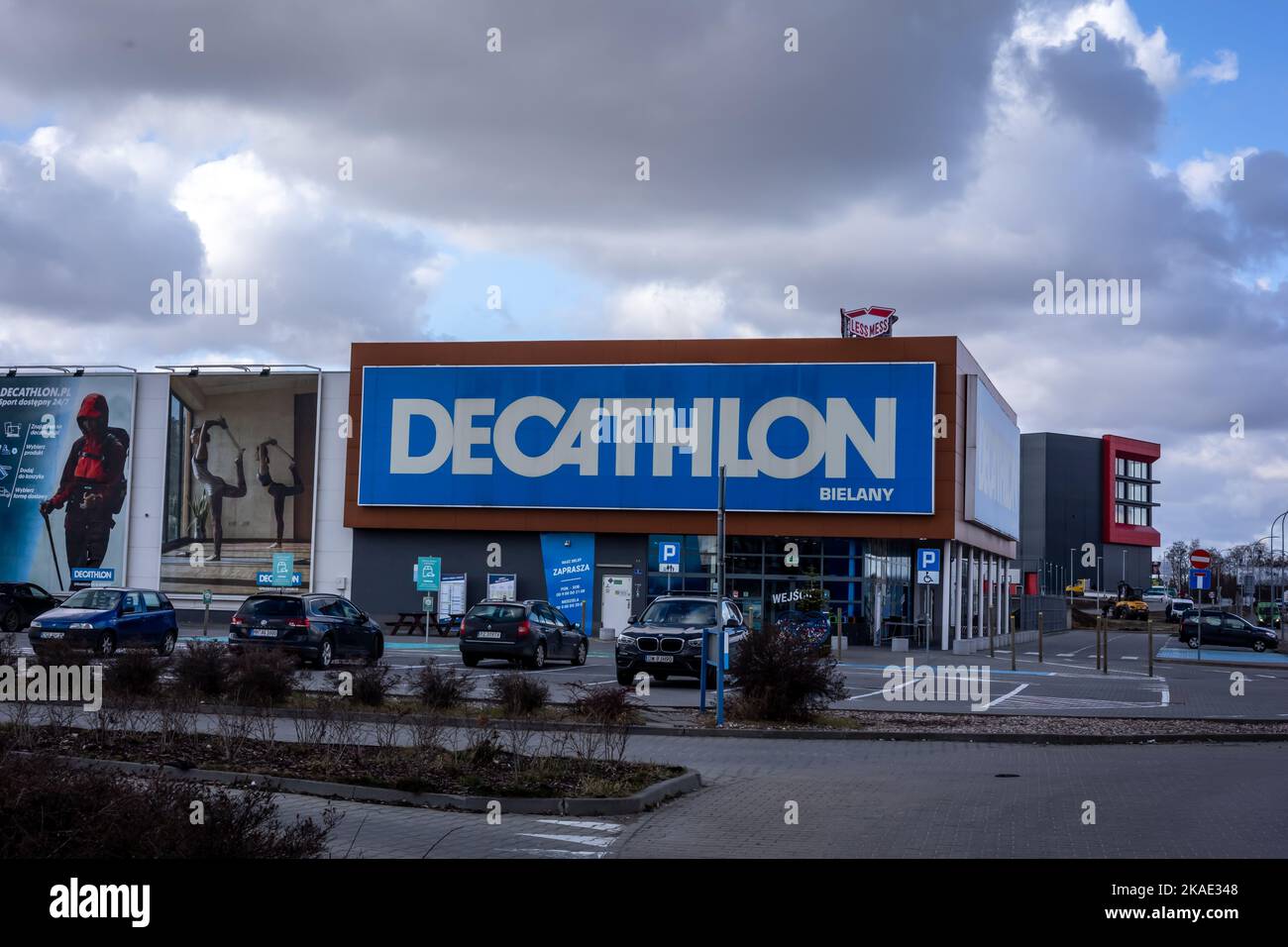 Wroclaw, Poland - February 19, 2022:  Decathlon store, french sporting goods retailer, and a parking lot in front of the building. Stock Photo