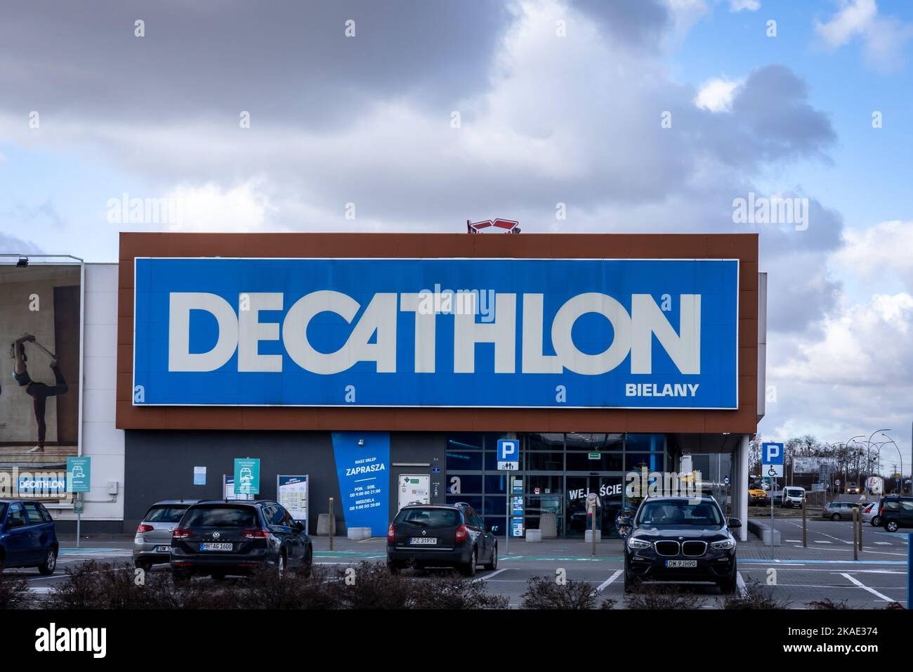 Wroclaw, Poland - February 19, 2022:  Decathlon store, french sporting goods retailer, and a parking lot in front of the building. Stock Photo