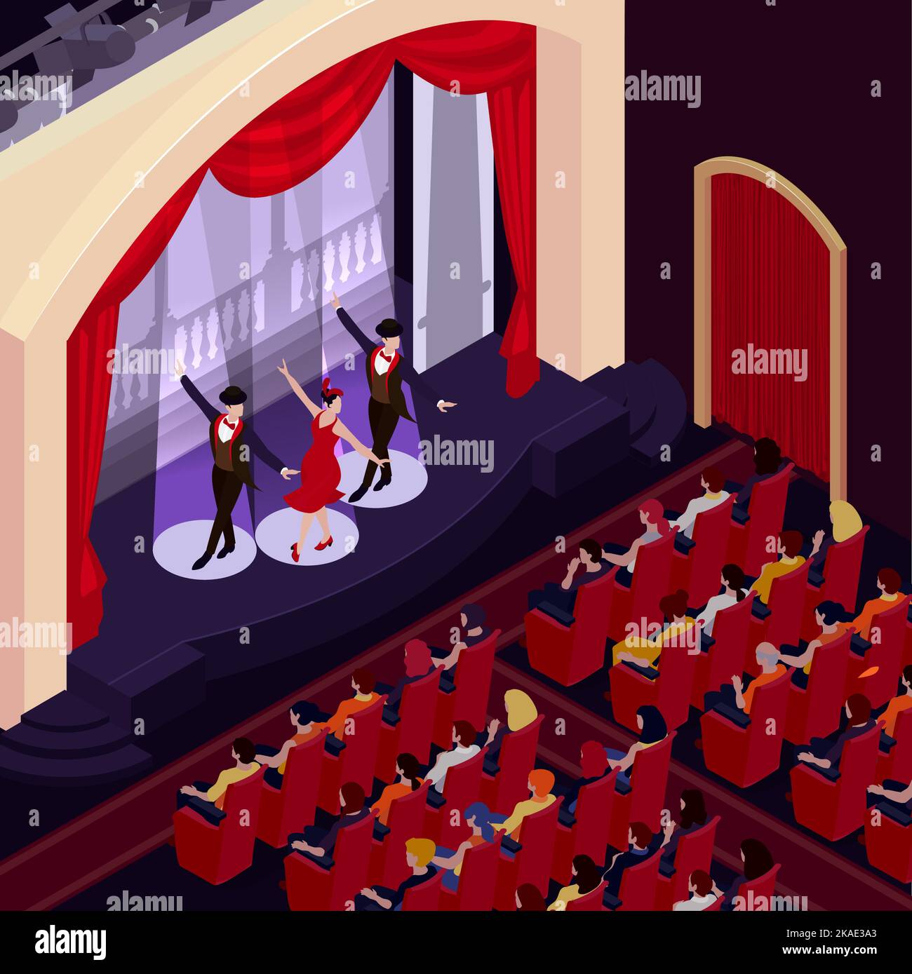 Theatre background with musical performance symbols isometric vector illustration Stock Vector