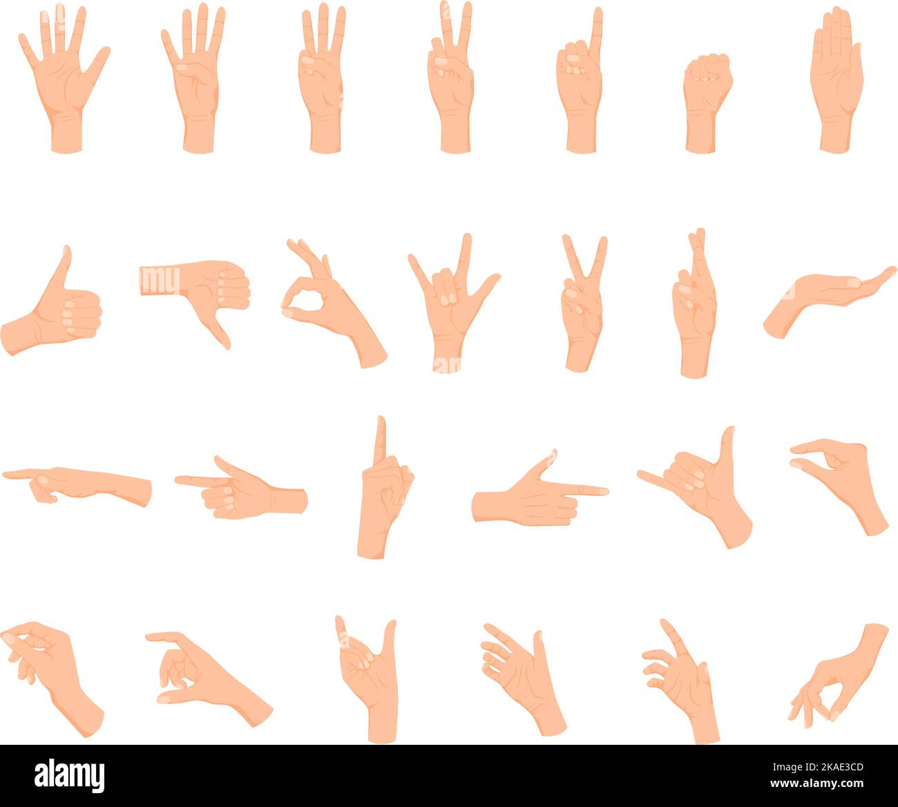 Human hands gestures set with flat isolated icons of palm hands with crossed fingers various shapes vector illustration Stock Vector