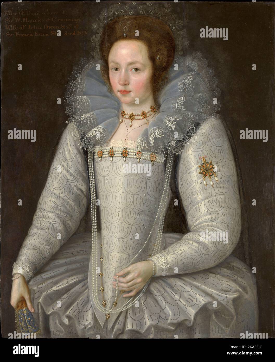 Ellen Maurice (1578–1626) by Marcus Gheeraerts the Younger  in 1597- Ellen Maurice (1578-1626) was a prominent Welsh heiress who succeeded her grandfather, Sir William Maurice to the estates of Clenennau, Porkington, and Llanddyn.Aged approximately 19 in Gheeraerts's depiction of her, this portrait most likely celebrated the wealthy young heiress's first marriage to John Owen and her consequent introduction to the magnificent court of her fellow-Welshwoman, 'Gloriana'. During the Elizabethan era, pearls were known as the 'Queen of gems' and it has been estimated that in today's market Ellin Ma Stock Photo