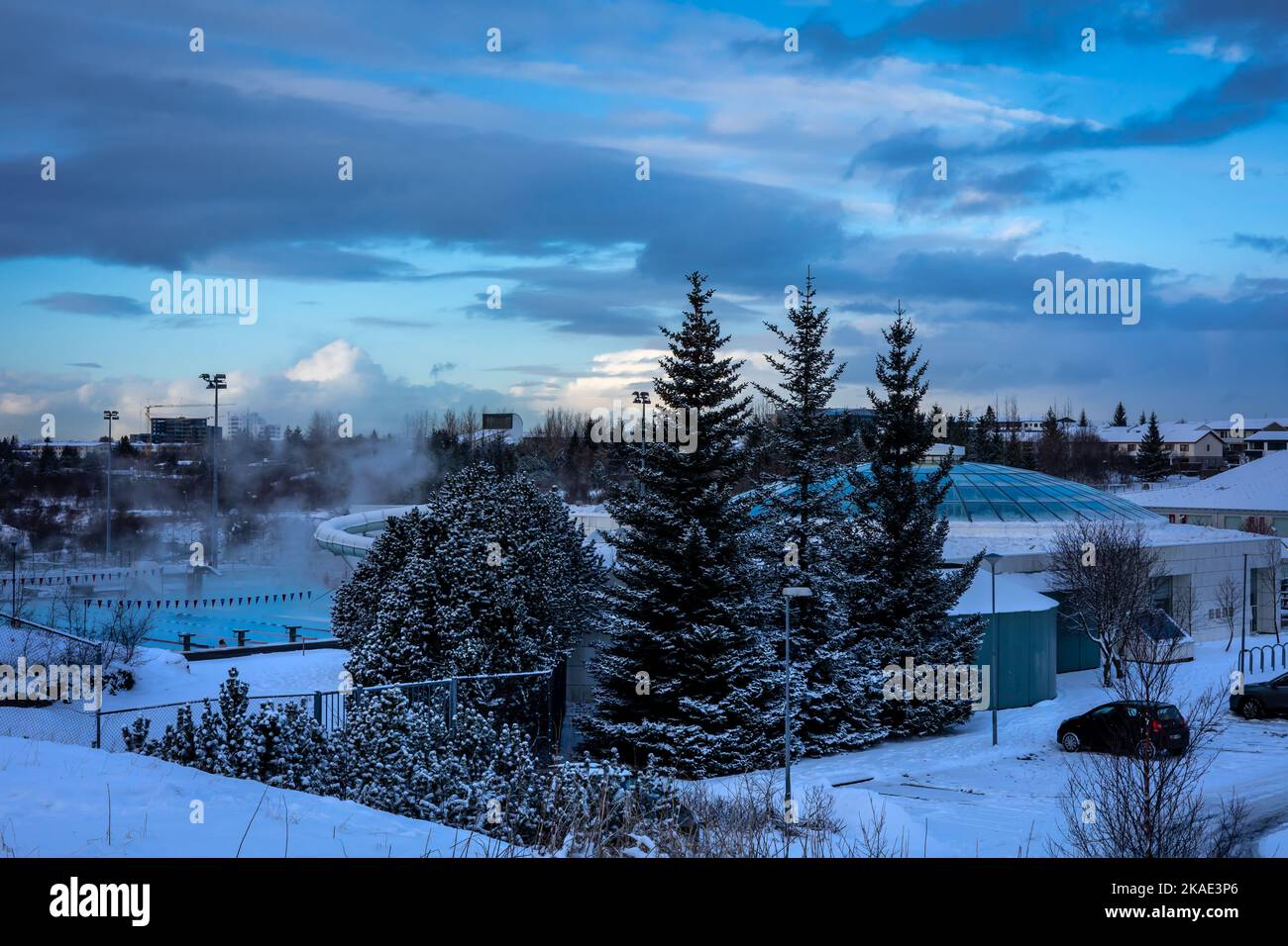 Reykjavik, Iceland - January 25, 2022: Arbaejarlaug swimming pool in winter. Stock Photo