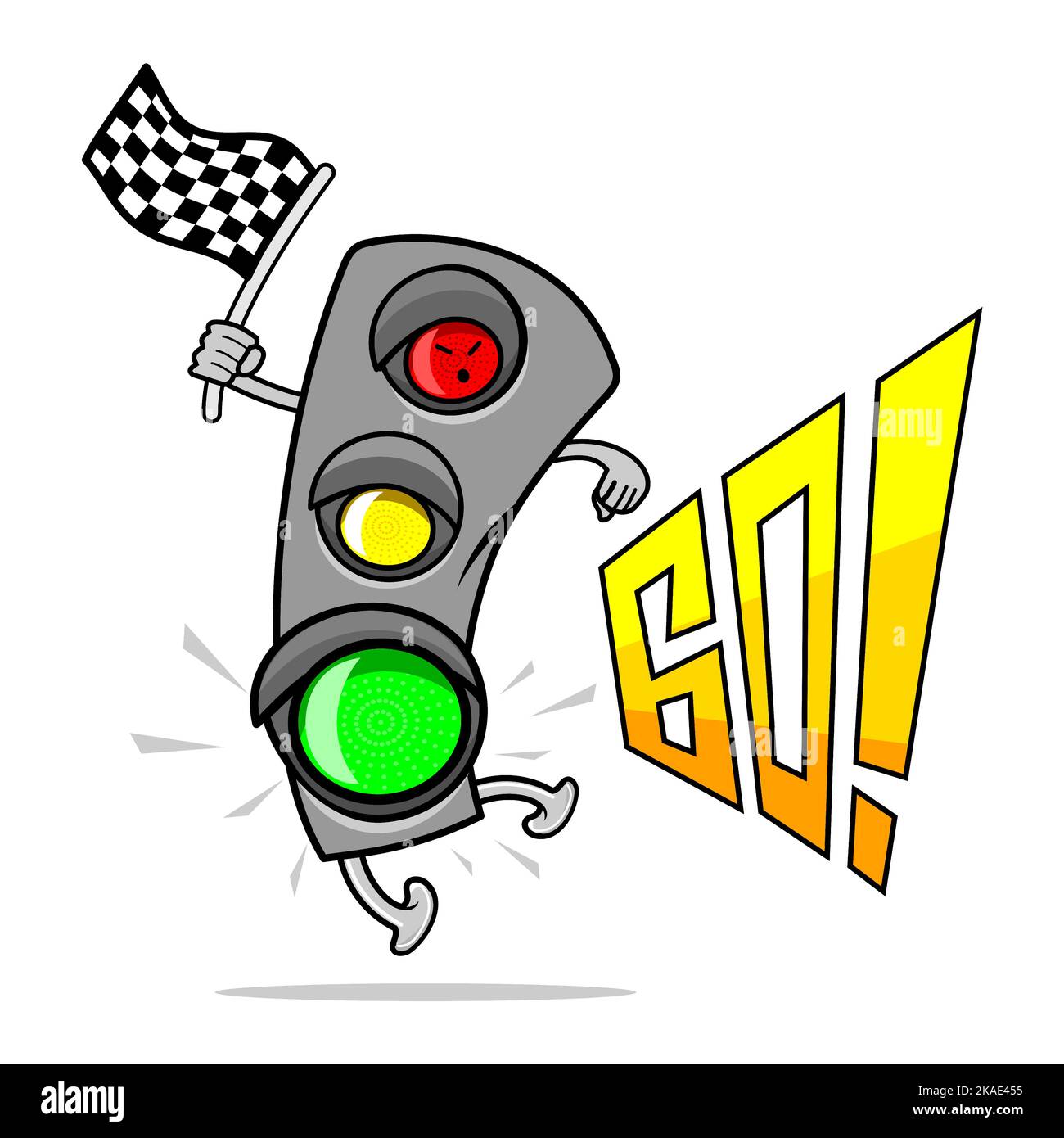 The Traffic Light character gives a signal to start a road or race as seen in the right hand waving a flag Stock Vector