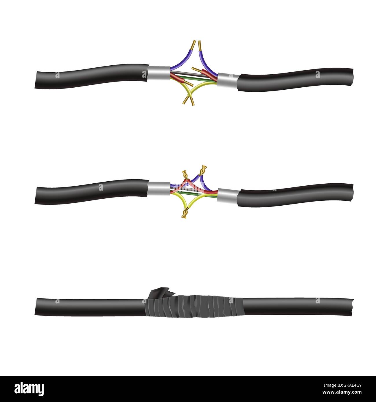 Three damaged and repaired electric cables realistic set isolated