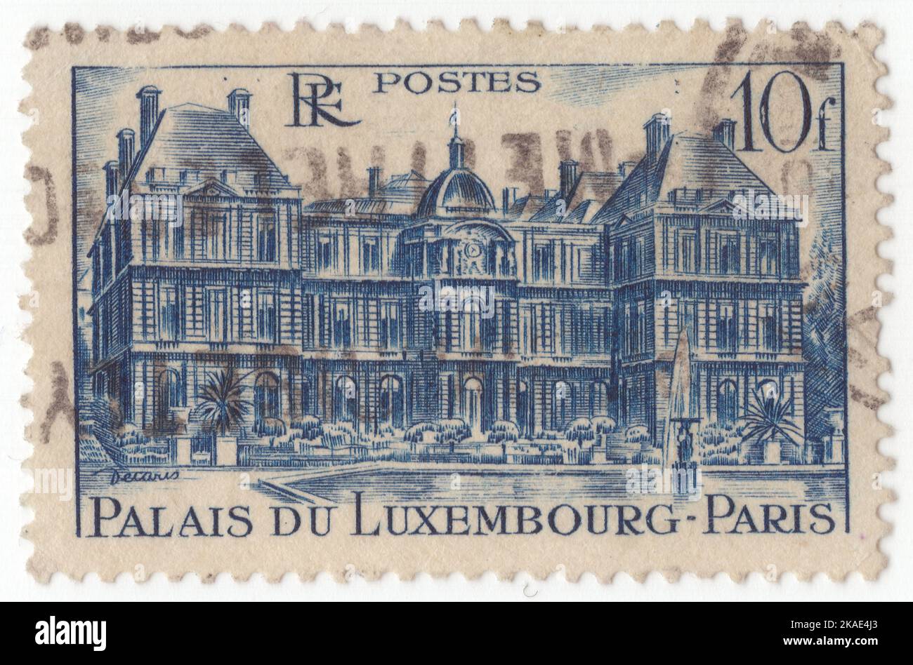 FRANCE - 1931: An 10 francs dark blue postage stamp depicting Luxembourg Palace. It was originally built (1615–1645) to the designs of the French architect Salomon de Brosse to be the royal residence of the regent Marie de' Medici, mother of King Louis XIII. After the Revolution it was refashioned (1799–1805) by Jean Chalgrin into a legislative building and subsequently greatly enlarged and remodeled (1835–1856) by Alphonse de Gisors. The palace has been the seat of the upper houses of the various French national legislatures (excepting only the unicameral National Assembly Stock Photo