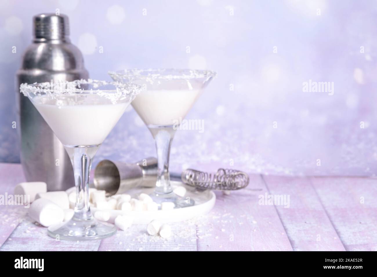 Cottontail Martini, sweet cute white martini alcohol cocktail, with marshmallow, marshmallow