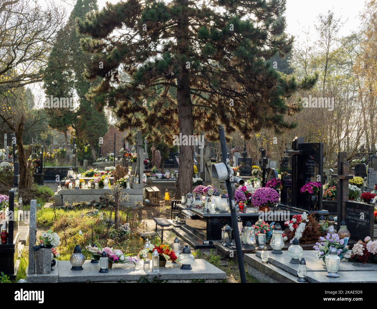 Poland, Raszyn 11 02 2022: All Saints Day in small cemetery. Stock Photo