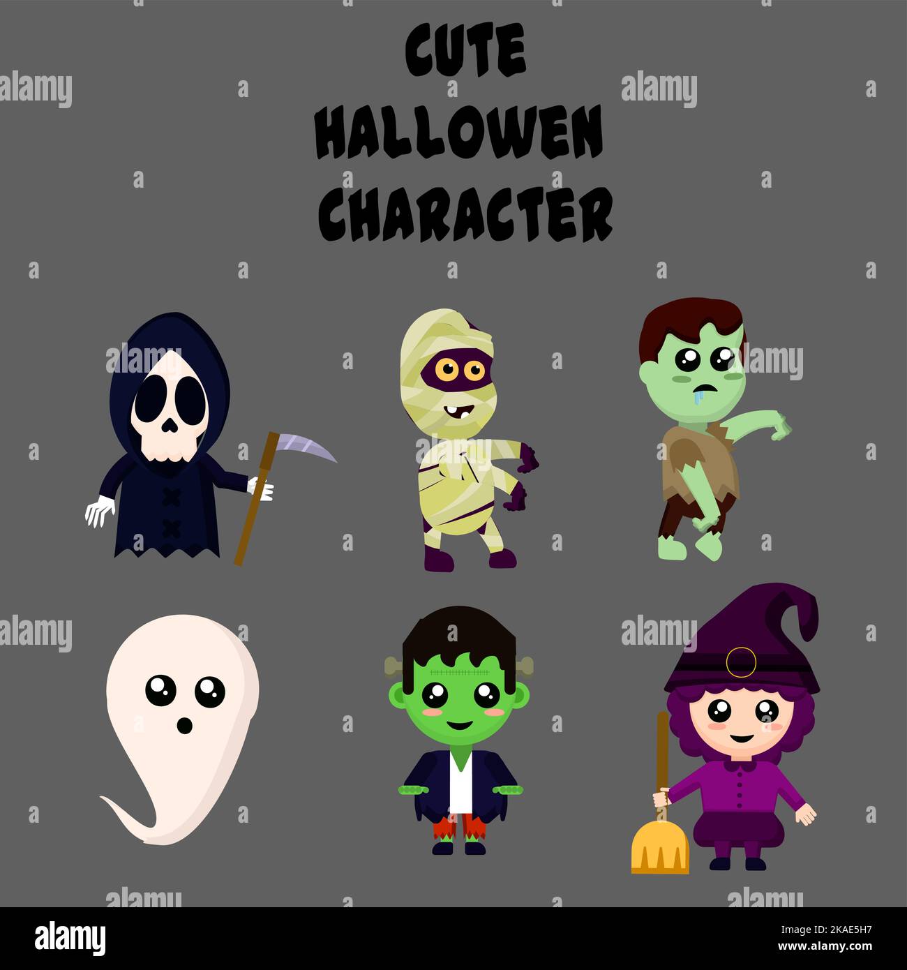 A vector illustration of various cute unique characters for Halloween