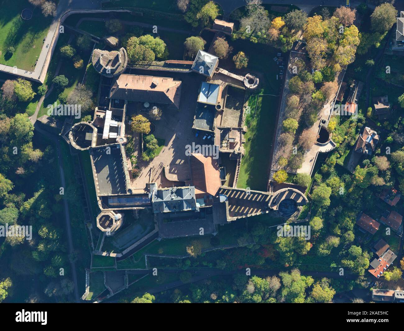 VERTICAL AERIAL VIEW.  The Heidelberg Castle. Baden-Württemberg, Germany. Stock Photo