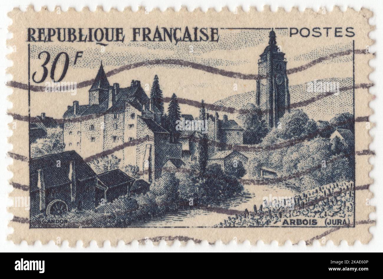 FRANCE - 1963 March 2: An 50 francs black brown postage stamp depicting Abbaye aux Hommes, Caen. The Abbey of Saint-Étienne, also known as Abbaye aux Hommes ('Men's Abbey') by contrast with the Abbaye aux Dames ('Ladies' Abbey'), is a former Benedictine monastery in the French city of Caen, Normandy, dedicated to Saint Stephen. It was founded in 1063[1] by William the Conqueror and is one of the most important Romanesque buildings in Normandy Stock Photo