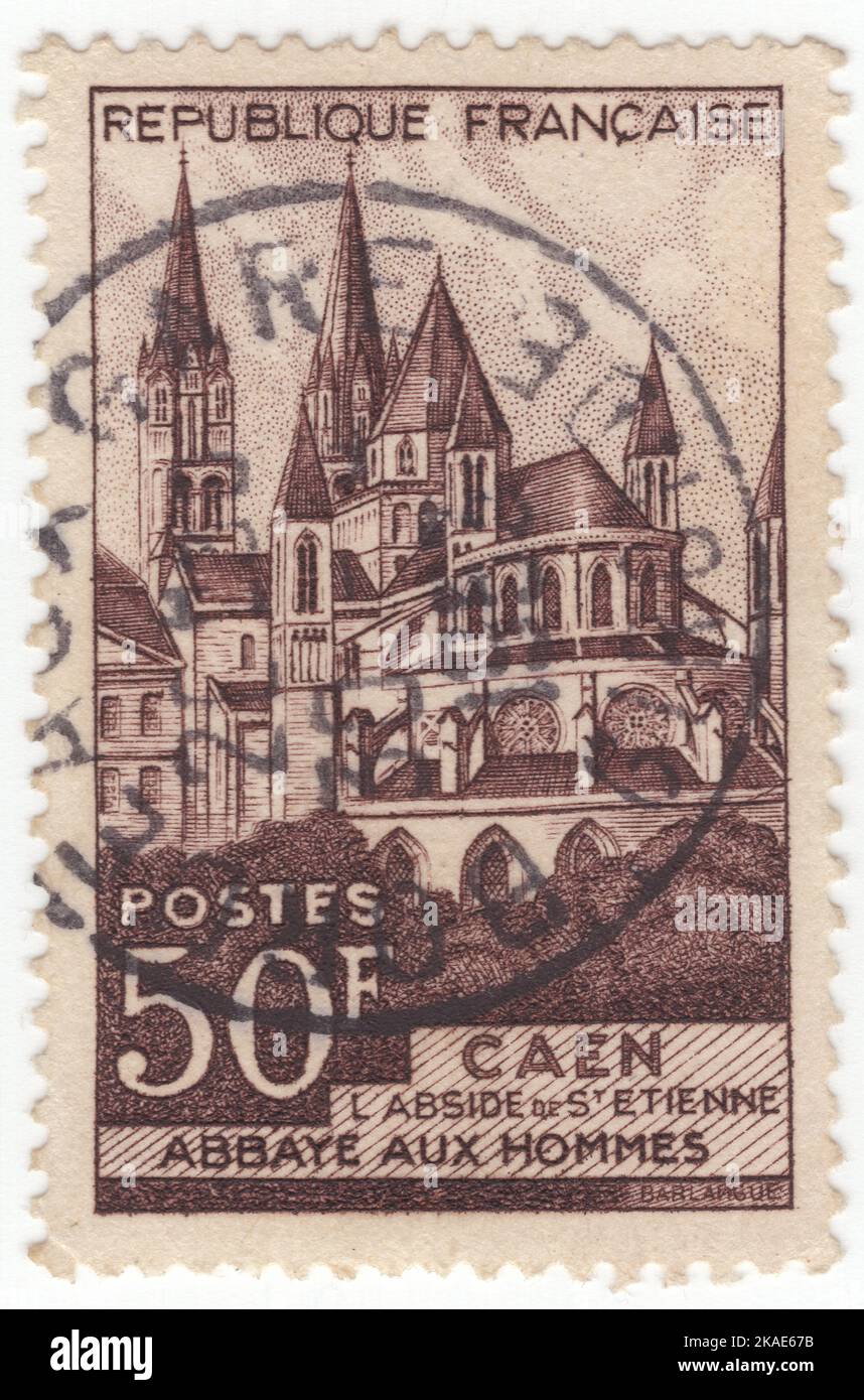 FRANCE - 1951 December 22: An 50 francs black brown postage stamp ...