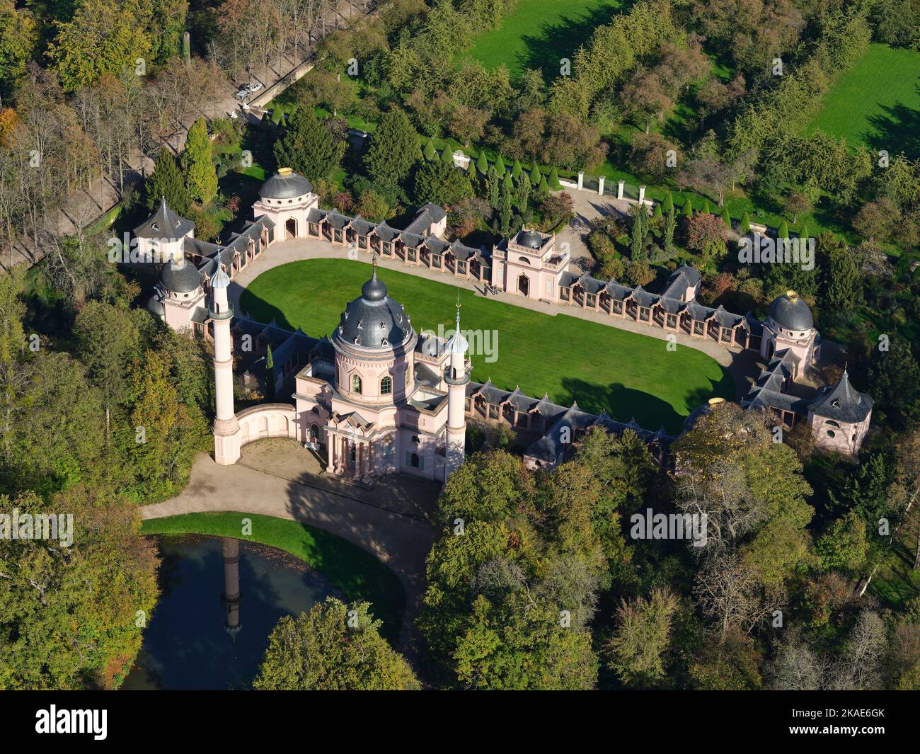 AERIAL VIEW. The Mosque in the garden of the Schwetzingen Palace. Baden-Württemberg, Germany. Stock Photo