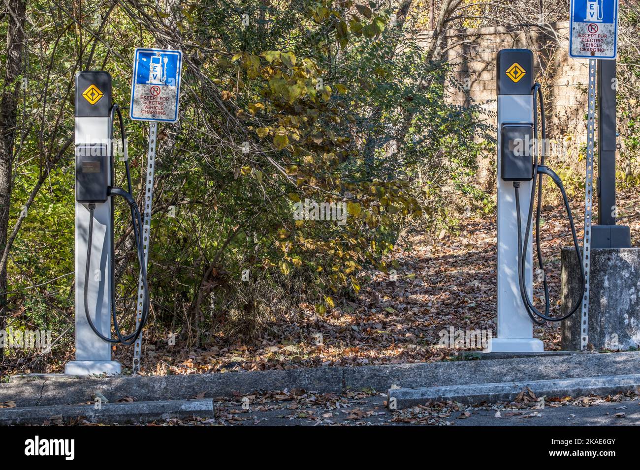 Two EV charging stations with signage alongside only parking for