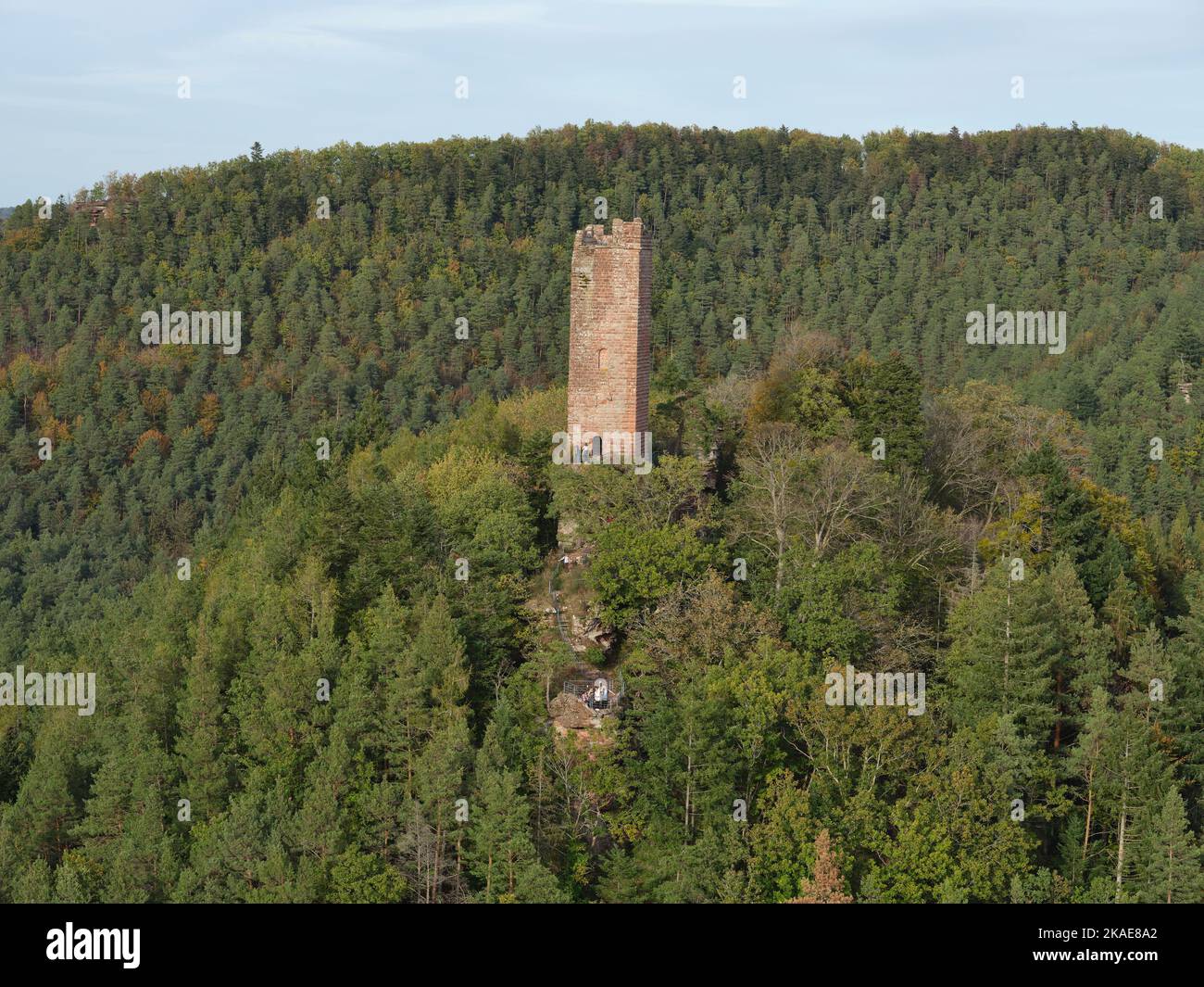 AERIAL VIEW. Ruins of Waldeck Castle. Éguelshardt, Moselle, Grand Est, France. Stock Photo