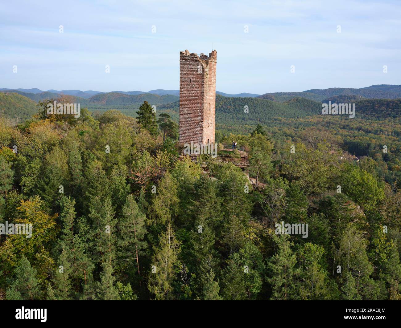 AERIAL VIEW. Ruins of Waldeck Castle. Éguelshardt, Moselle, Grand Est, France. Stock Photo