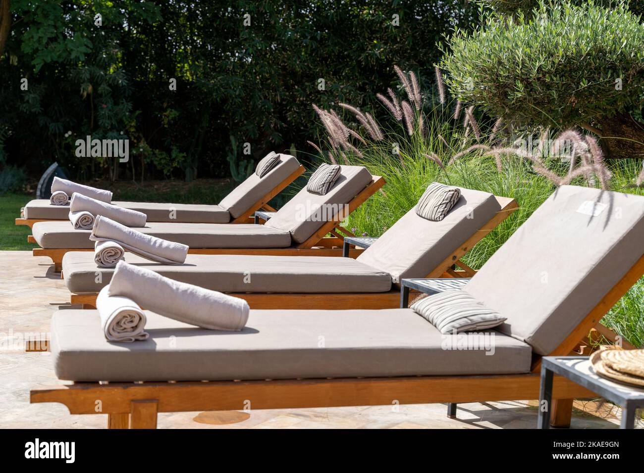 The lounge chairs by the pool on a sunny day Stock Photo Alamy