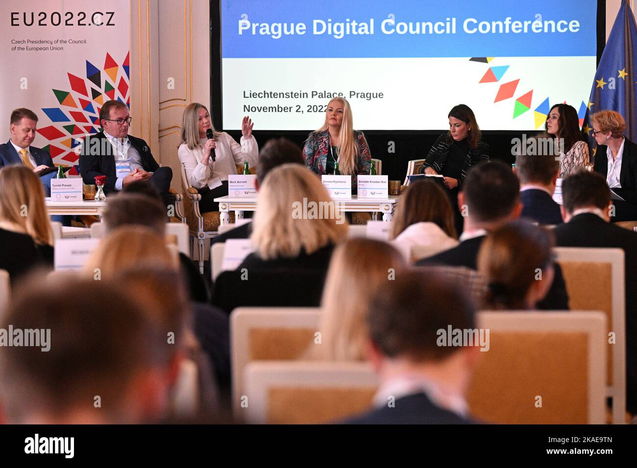 (L-R) Czech Chamber of Commerce vice-president Tomas Prouza, Mark Barnett of Mastercard Europe, Lucy C. Cronin of Amazon, Simona Kijonkova of Packeta, Anette Kroeber-Riel of Google, Julia Reuss of META and Frances Burwell of Atlantic Council during the panel discussion at the Prague Digital Council conference on support of digitisation and innovation, future development of new technologies in industry, trade and banking, organised in cooperation with Atlantic Council think tank as part of Czechia's EU presidency in Prague, Czech Republic, November 2, 2022. (CTK Photo/Michal Kamaryt) Stock Photo