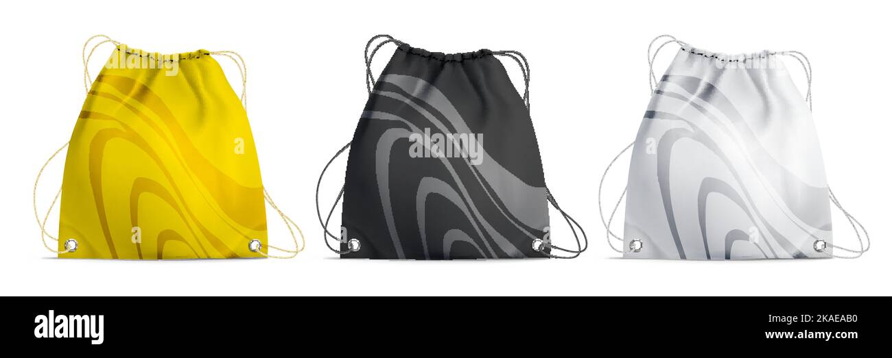 Three colored realistic drawstring bags with print on white background isolated vector illustration Stock Vector