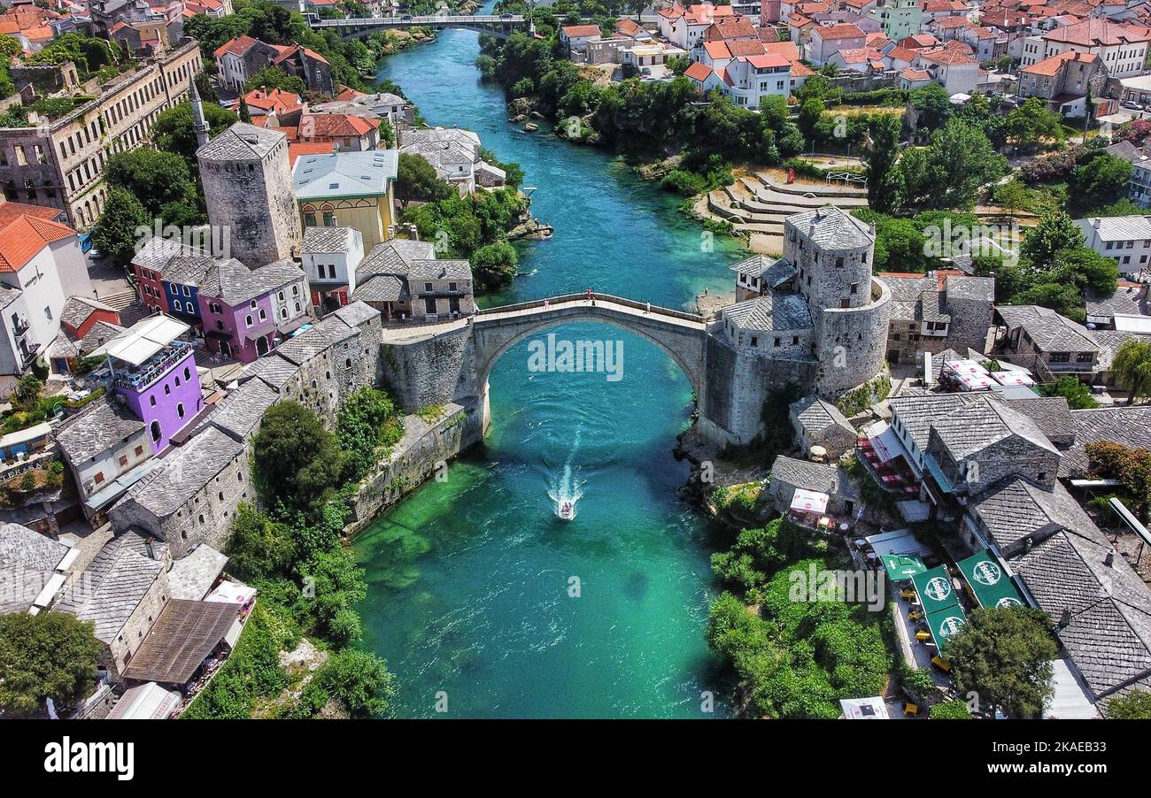 An aerial view of the Mostar Old bridge located in the city of Mostar ...