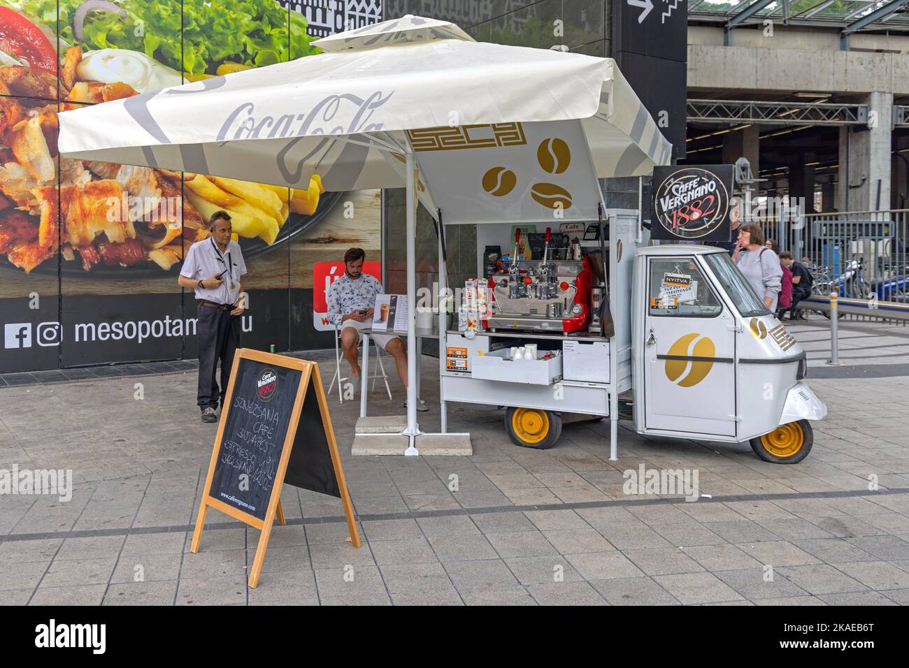 Budapest, Hungary - July 31, 2022: Mobile Italian Caffe Vergnano in Front of Westend Shopping Mall and Train Station at Summer Afternoon. Stock Photo