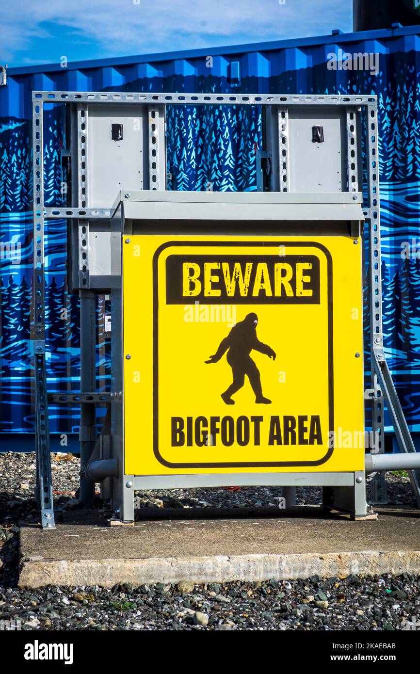 'Beware Bigfoot Area' sign, Sasquatch, warning Stock Photo