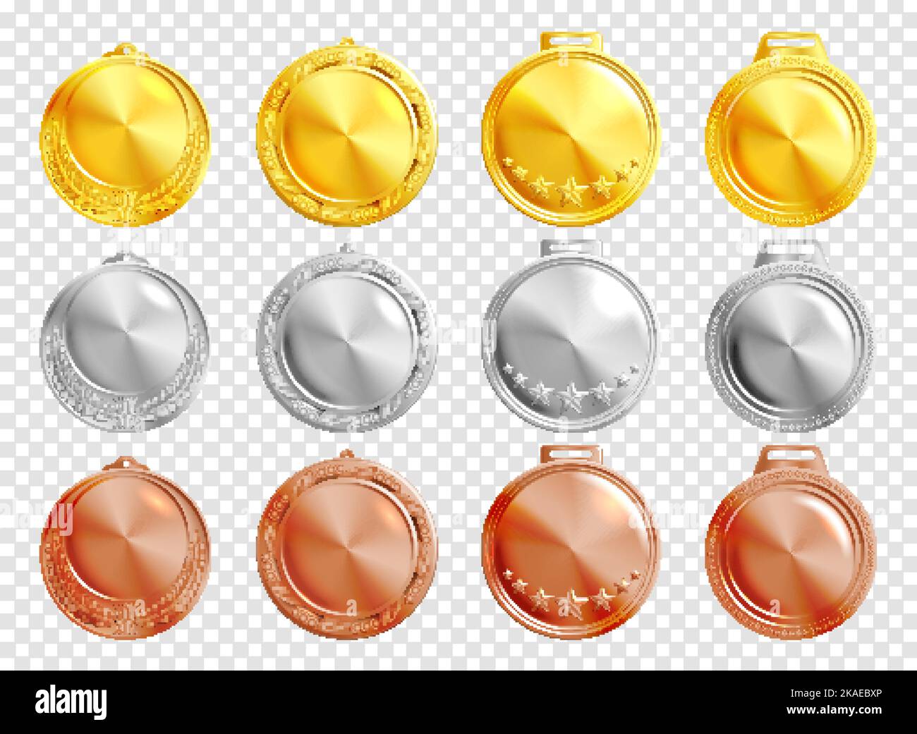 Twelve round golden silver and bronze realistic medallions mockup on ...